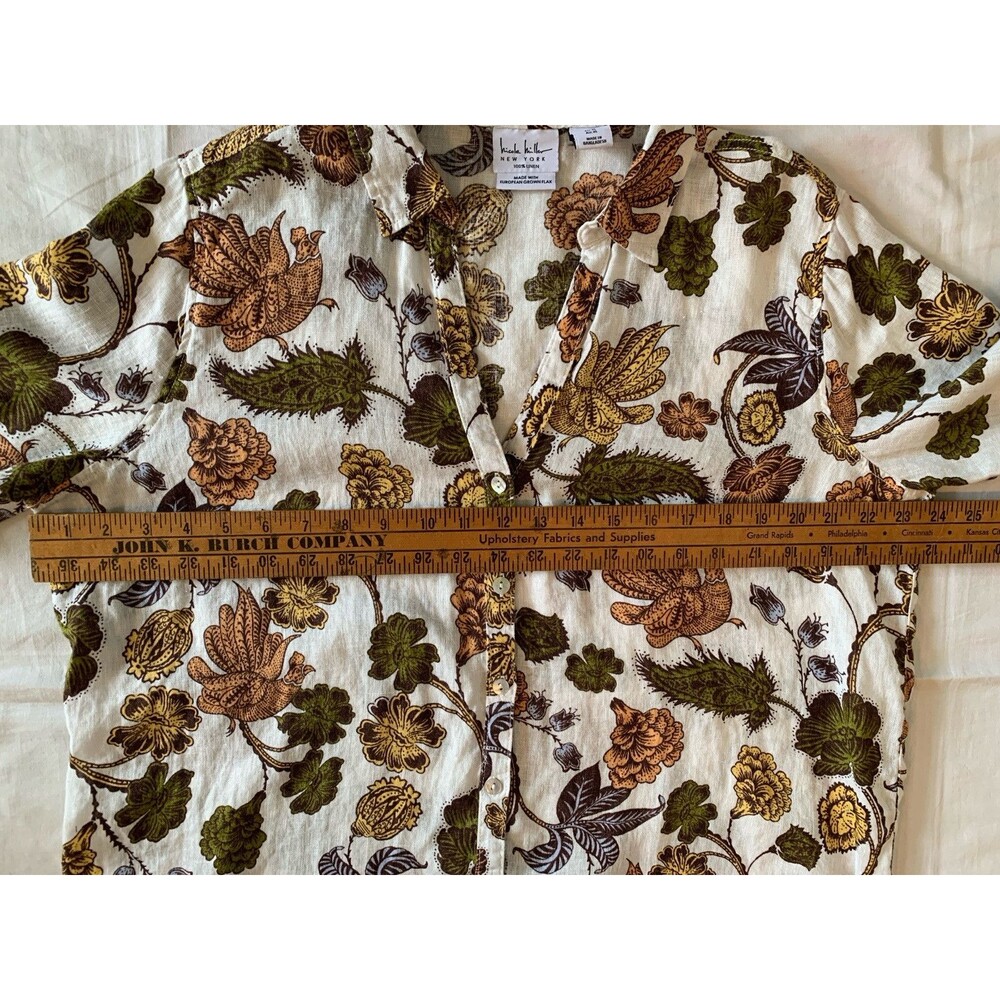 Nicole Miller European Flax Linen Shirt XL Earthy Floral Bird Button-up Roll-tab - Picture 5 of 14